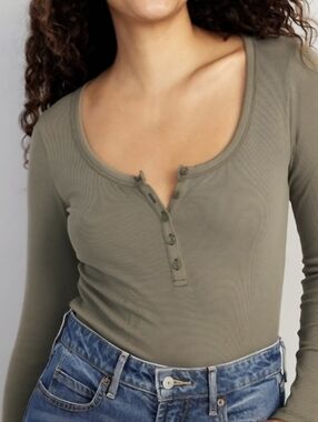 Old Navy Olive Green Scoop-Neck Henley Long Sleeve Top